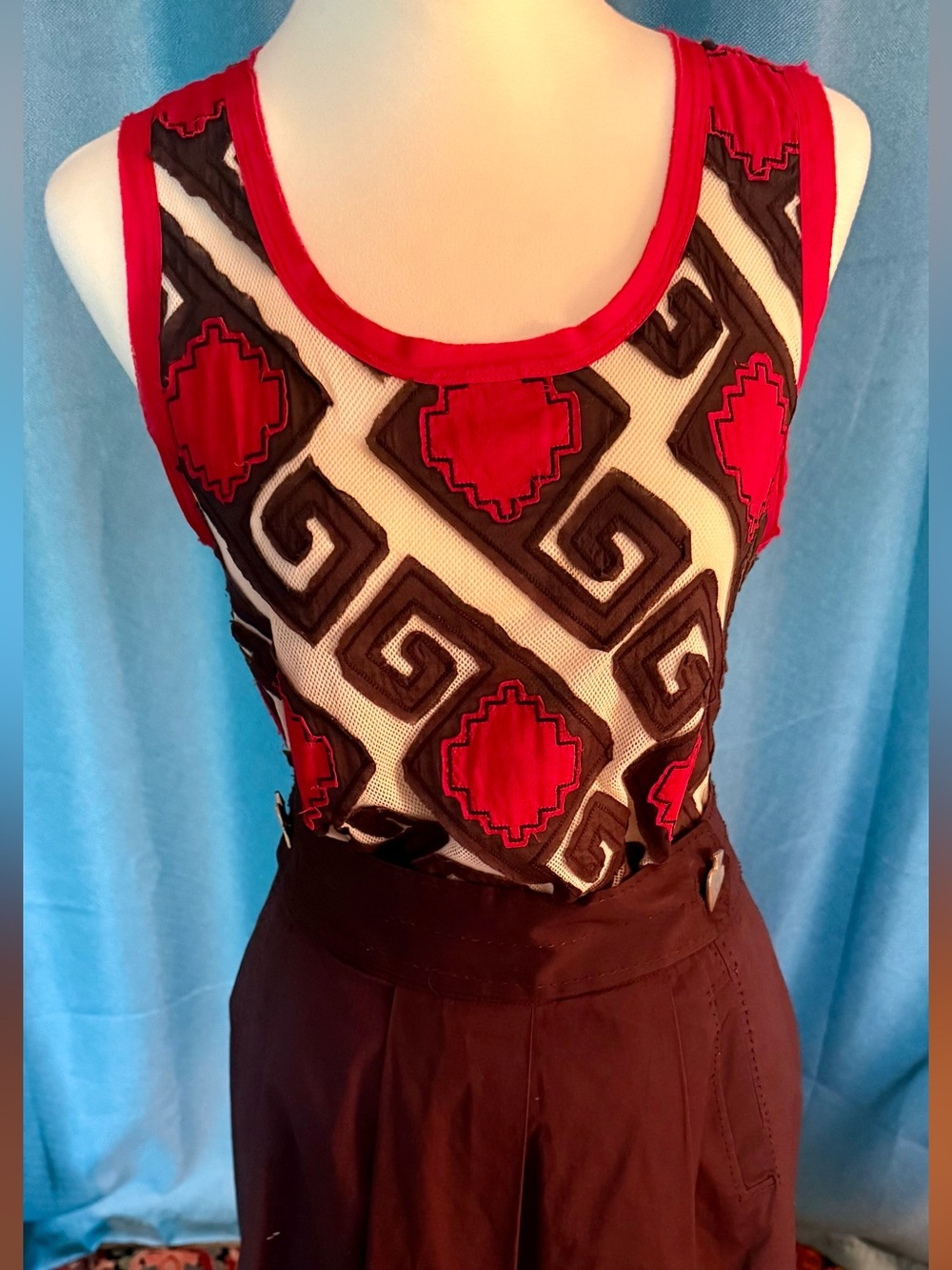 Tory Burch Geometric Brown, Red & Cream 3D Sleeveless Tunic